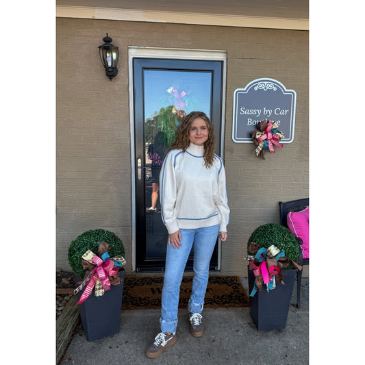 Peyton Sweater, Cream/Baby Blue