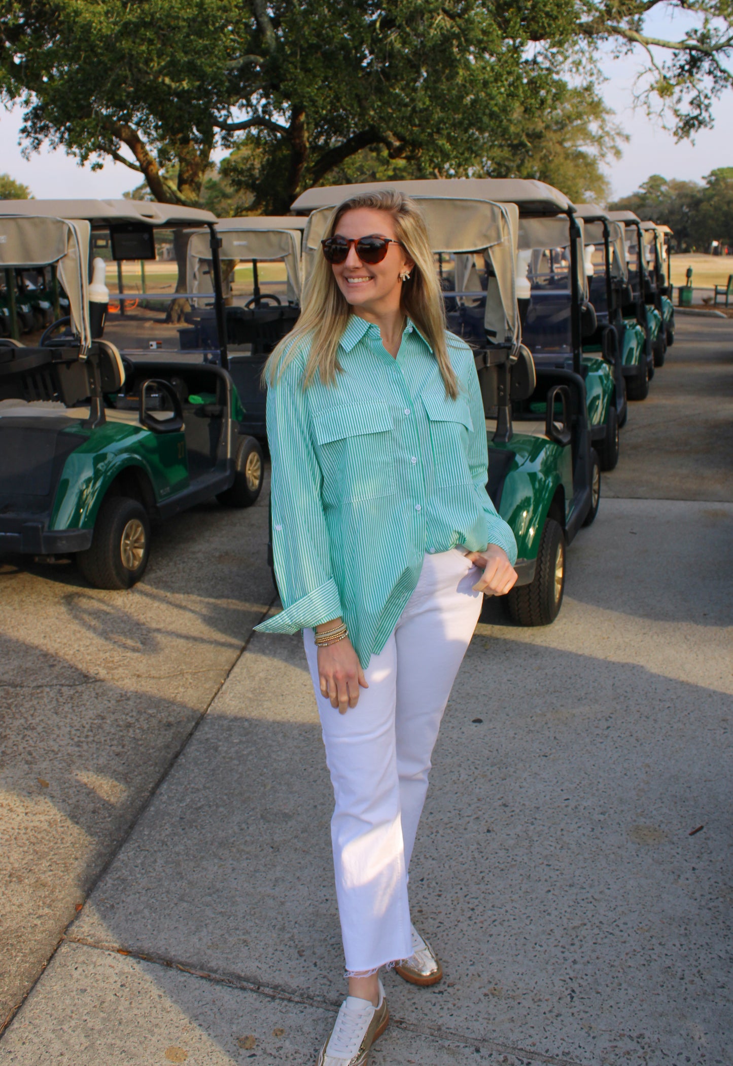 Match Play Stripe Button Down Top, Kelly Green/White