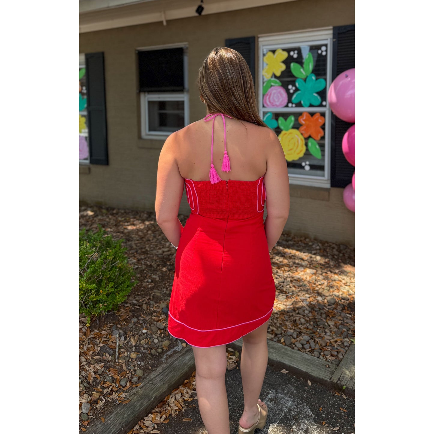 Josie Detail Mini Dress, Red/Pink