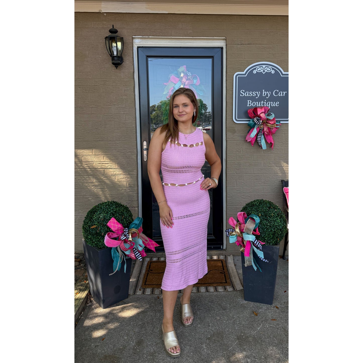 Seashell Detail Knit Dress, Baby Pink