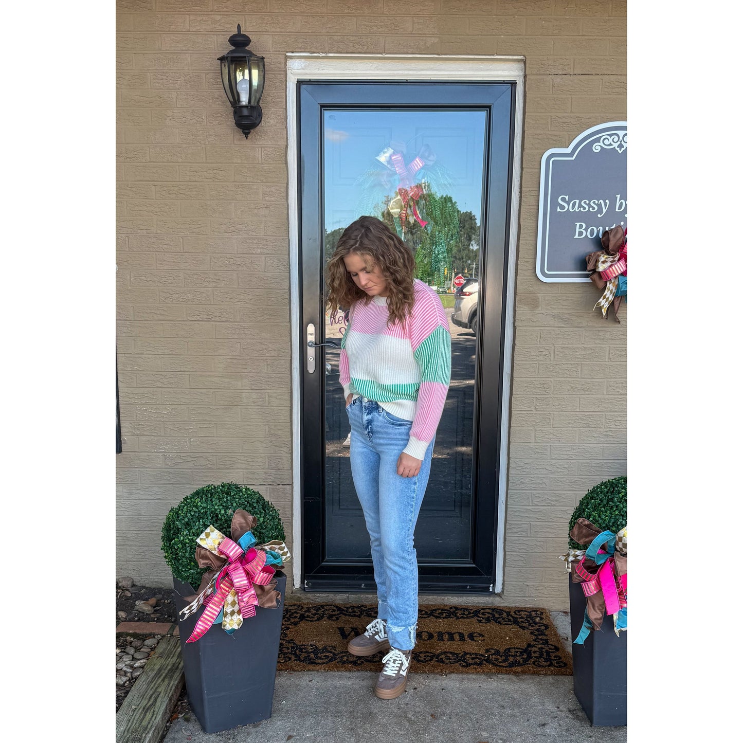Aubrey Stripe Sweater, Pink/Green