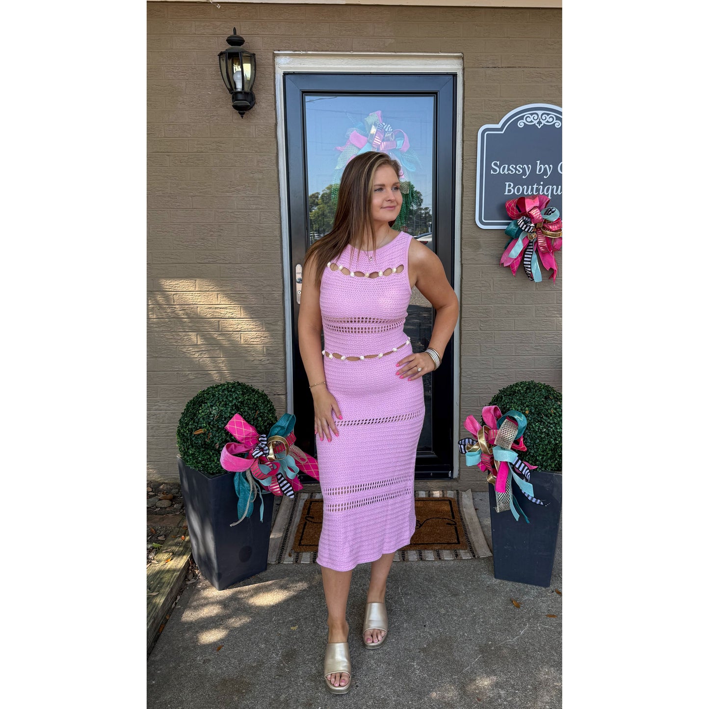 Seashell Detail Knit Dress, Baby Pink