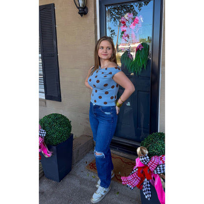 Polka Dot Asymmetrical Detail Top, Blue/Brown