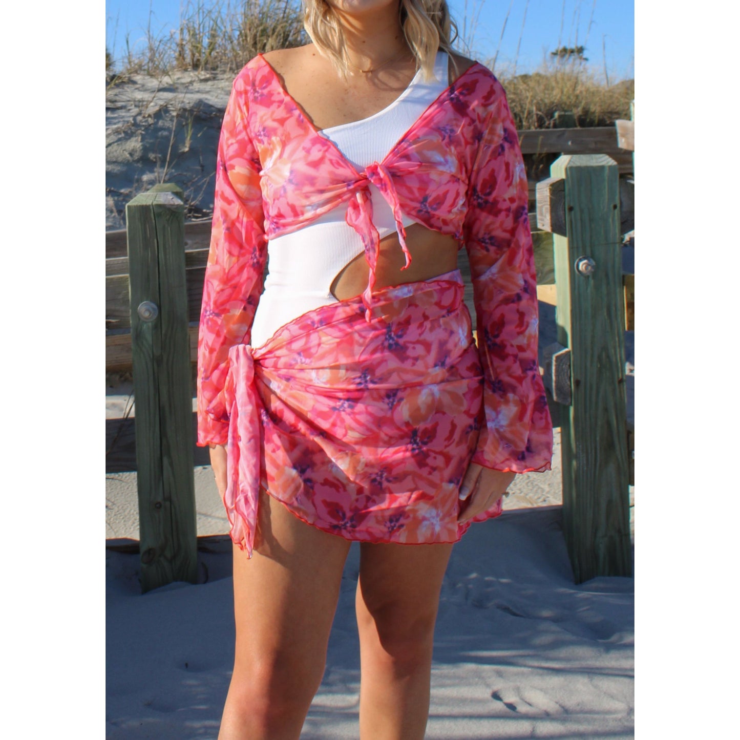 Emberly Floral Sheer Coverup, Pink/Red Floral