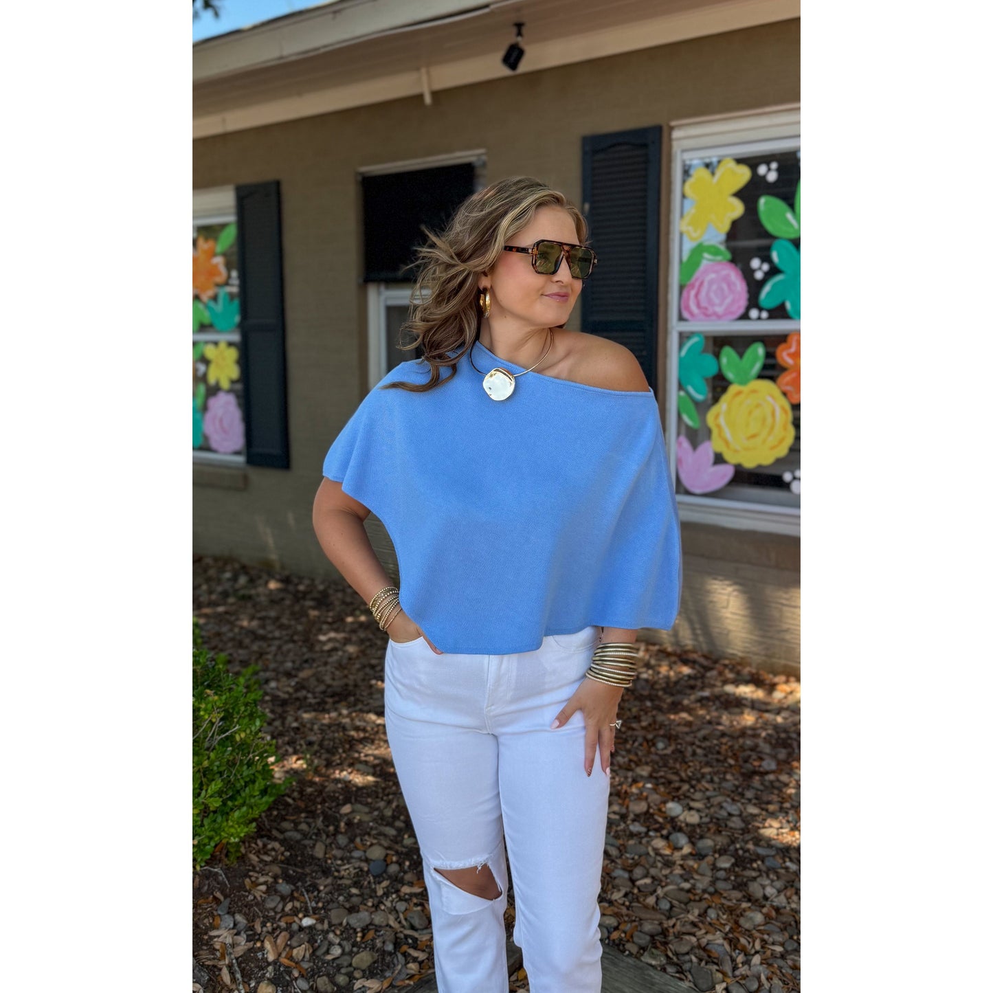 Knit Poncho, Blue
