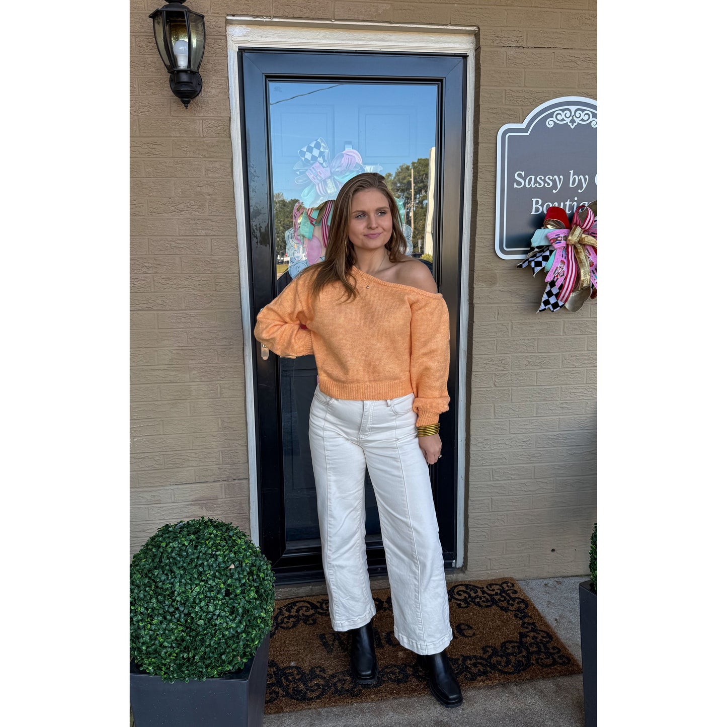 Noelle Asymmetrical Neckline Sweater, Light Orange