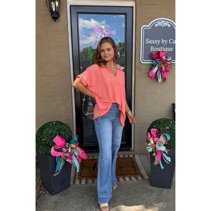 Hannah V-Neck Top, Coral