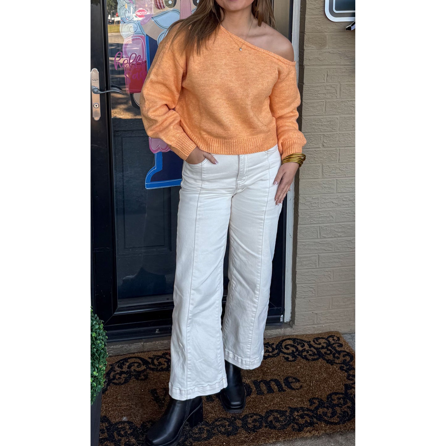 Noelle Asymmetrical Neckline Sweater, Light Orange