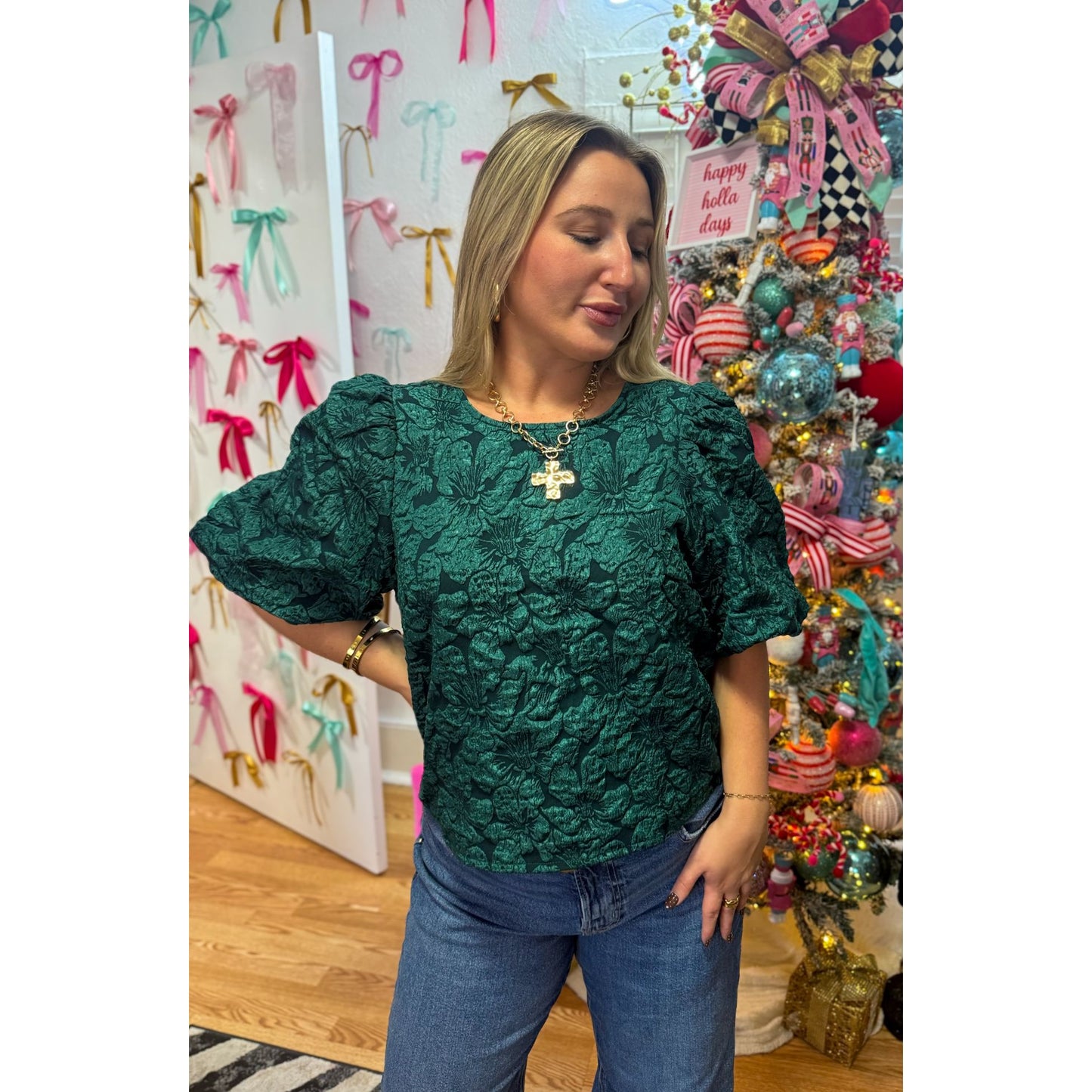 Hunter Green Floral Detail Blouse