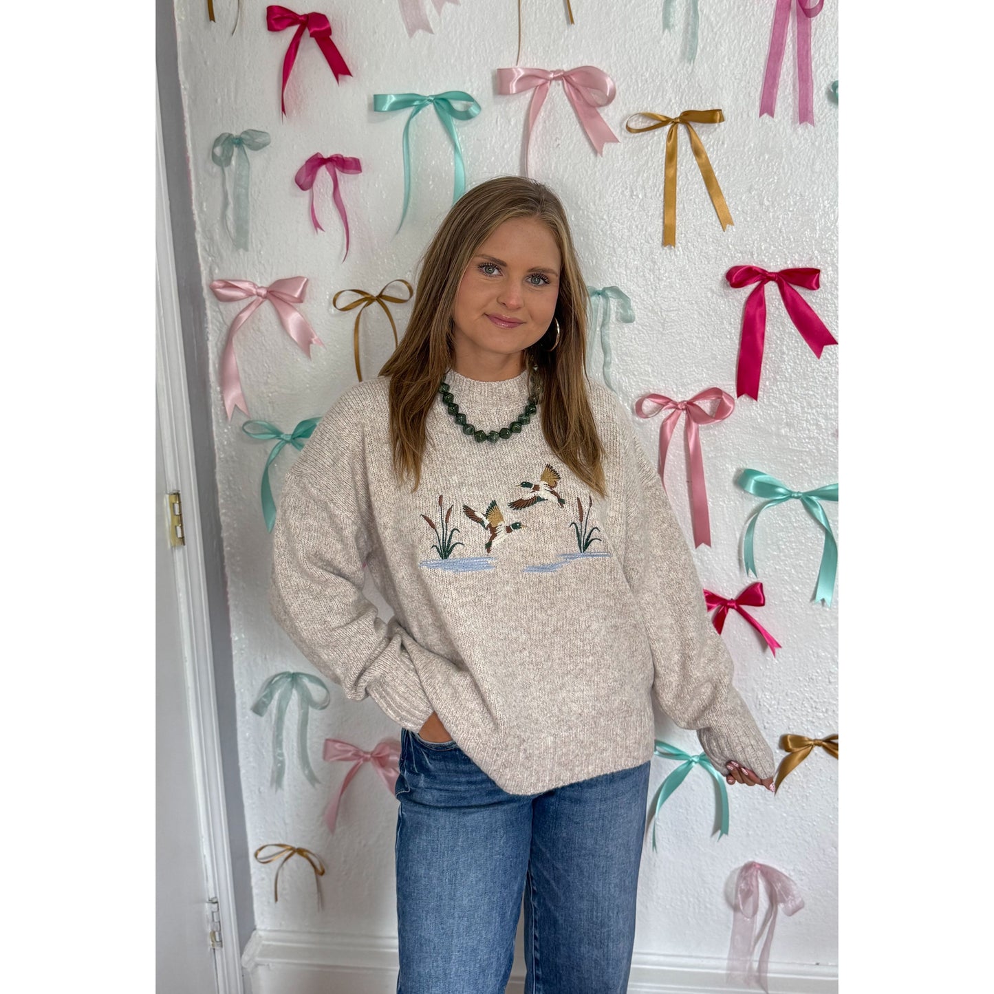 Duck Embroidered Sweater, Oatmeal