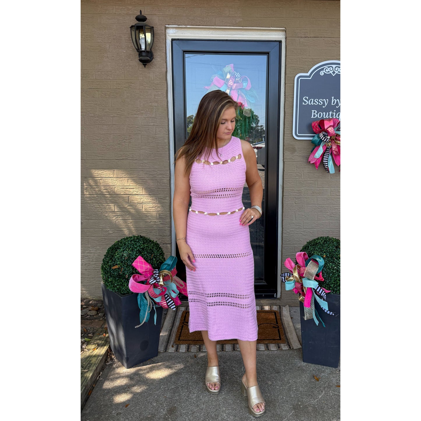 Seashell Detail Knit Dress, Baby Pink