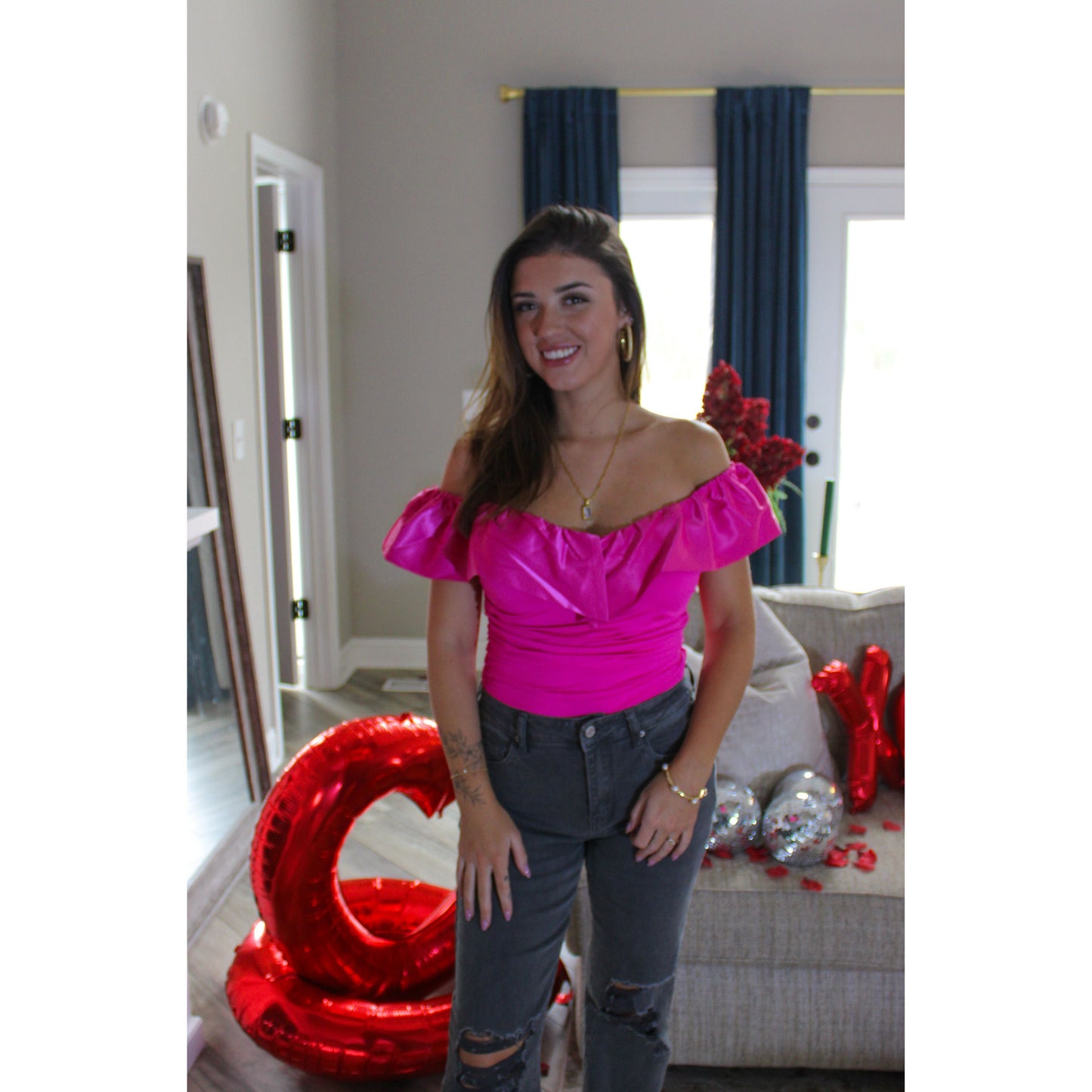 Hilton Off Shoulder Bodysuit, Fuchsia