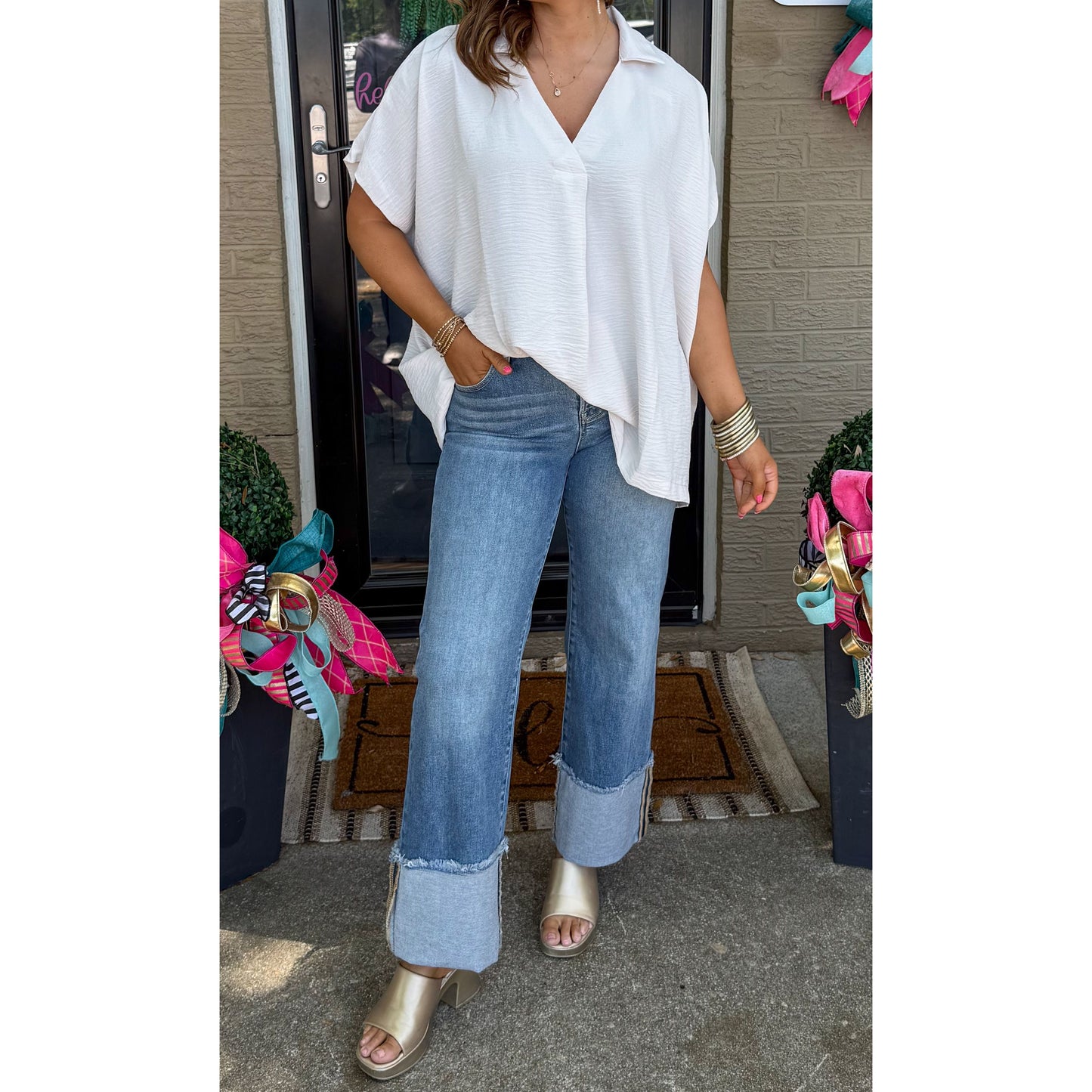 Hannah V-Neck Top, Sand Beige
