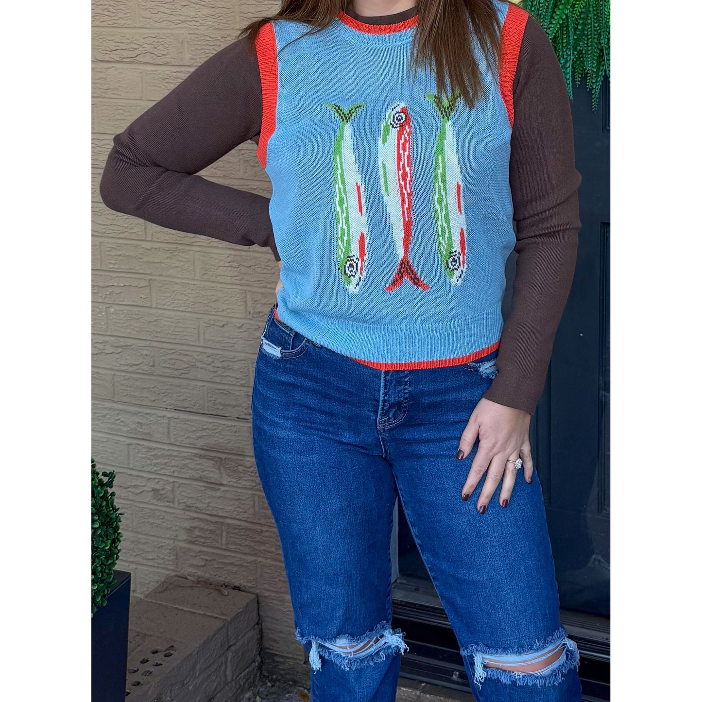 Fish Graphic Sweater Vest, Multi