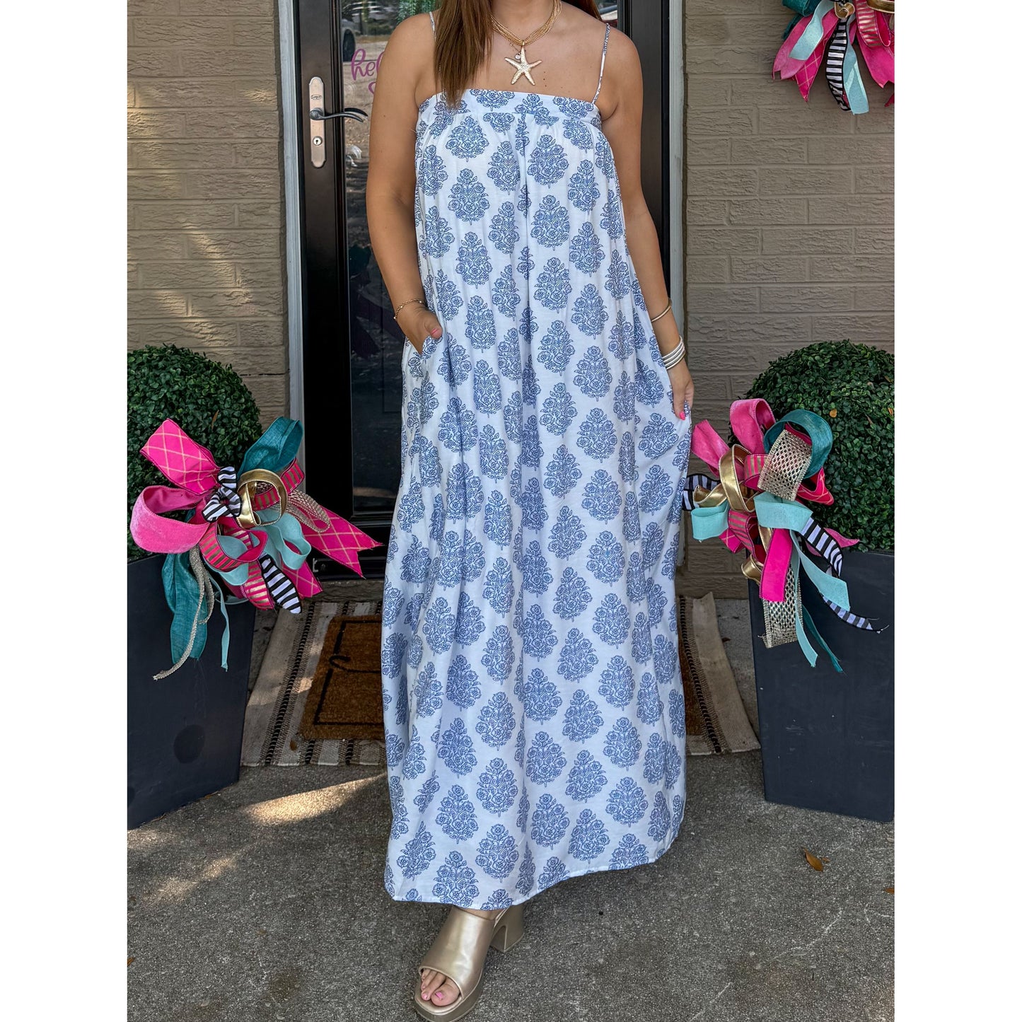Paisley Maxi Dress, Blue/White
