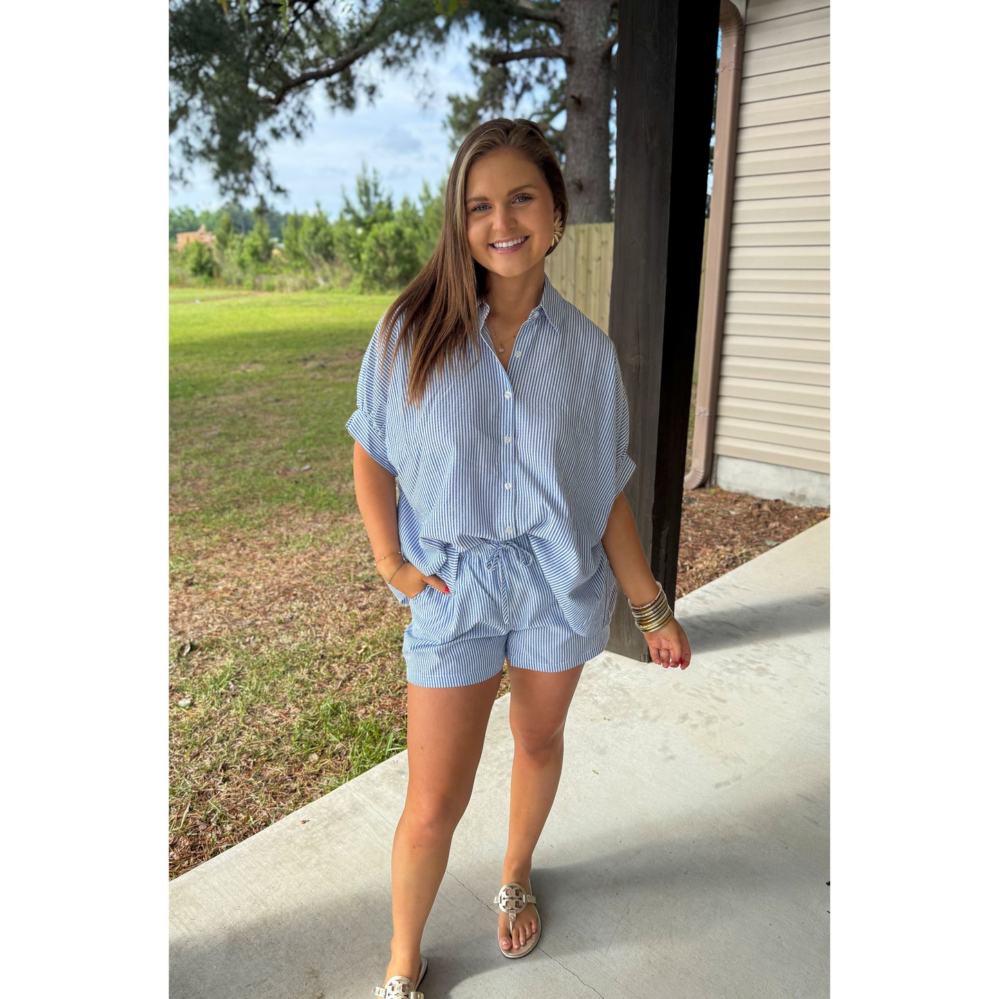Seersucker Stripe Short Set, Blue/White