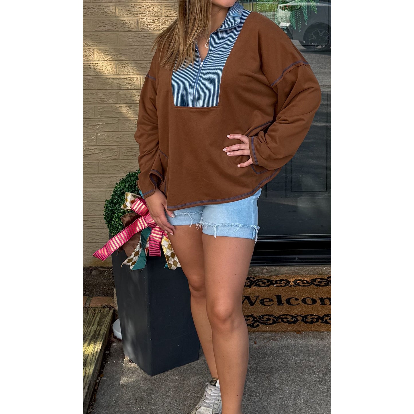 Amy French Terry Sweatshirt, Chocolate/Denim
