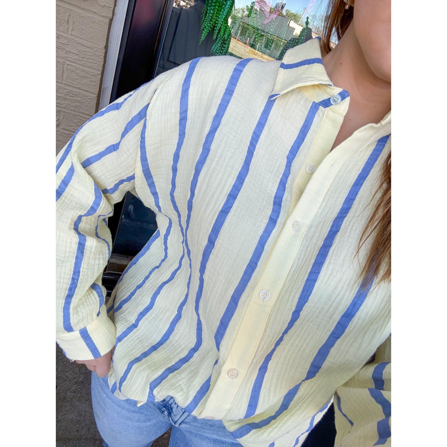 Anne Stripe Button Down Top, Butter Yellow/Blue