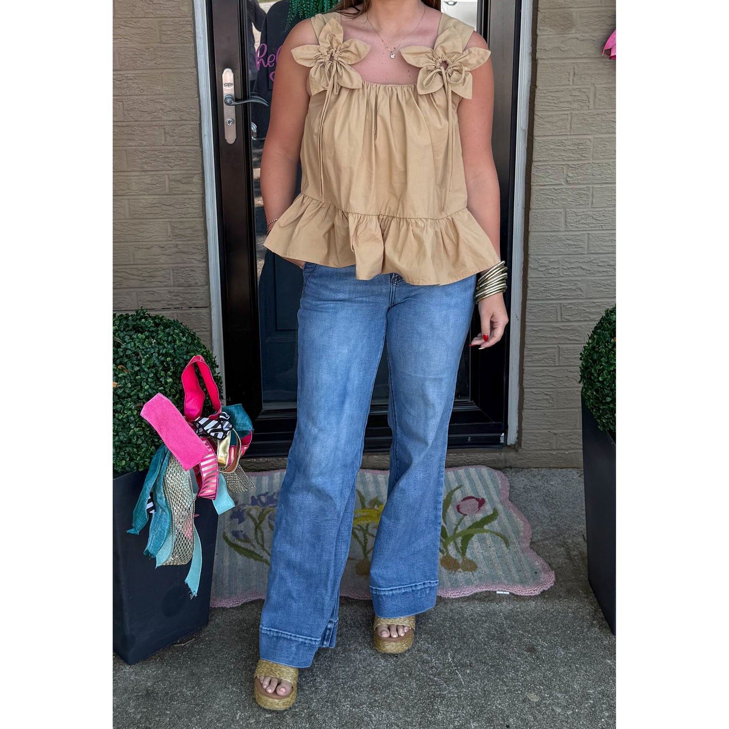 3D Flower Square Neck Top, Mocha