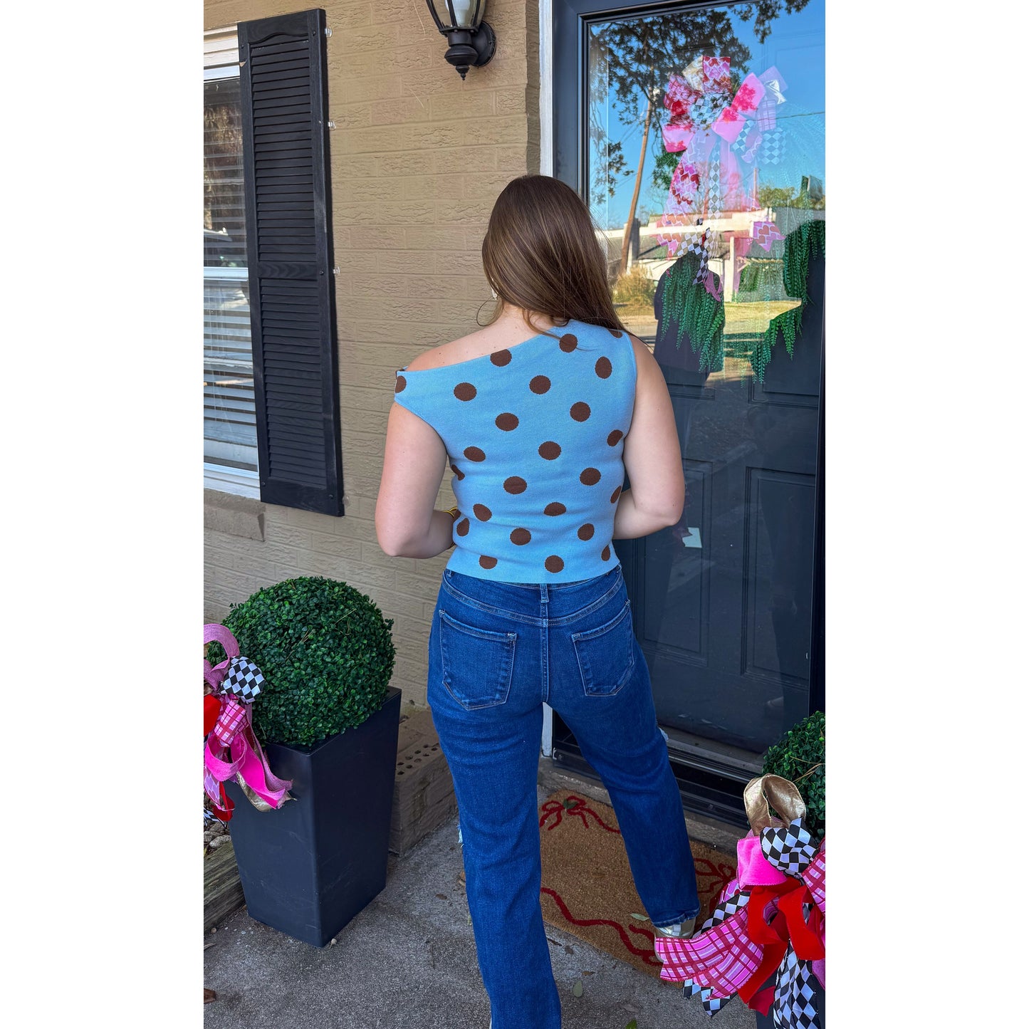 Polka Dot Asymmetrical Detail Top, Blue/Brown