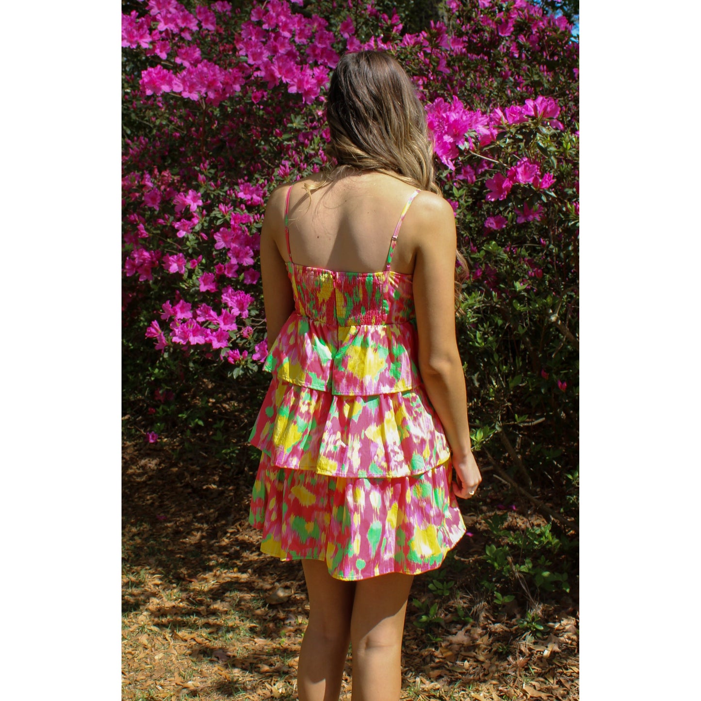 Rayne Pattern Tiered Mini Dress, Coral Multi