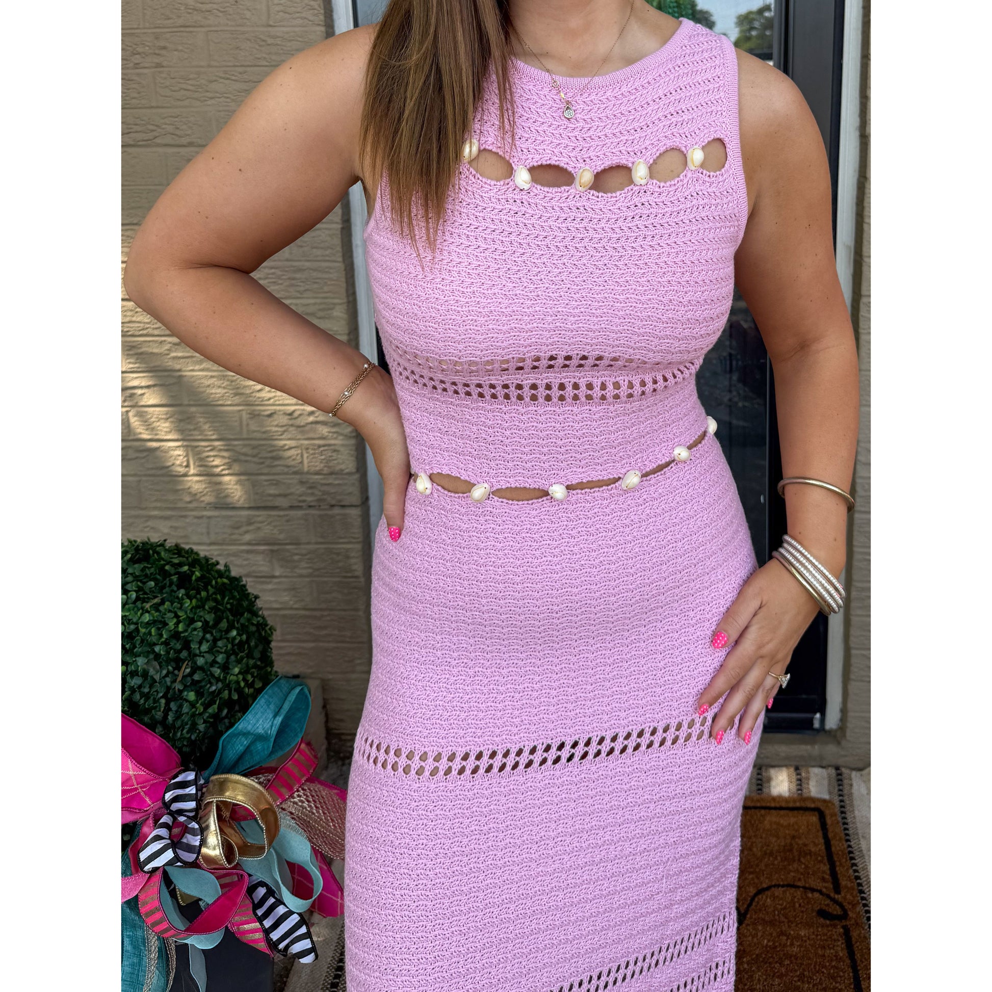 Seashell Detail Knit Dress, Baby Pink Seashell Detail Knit Dress, Baby Pink