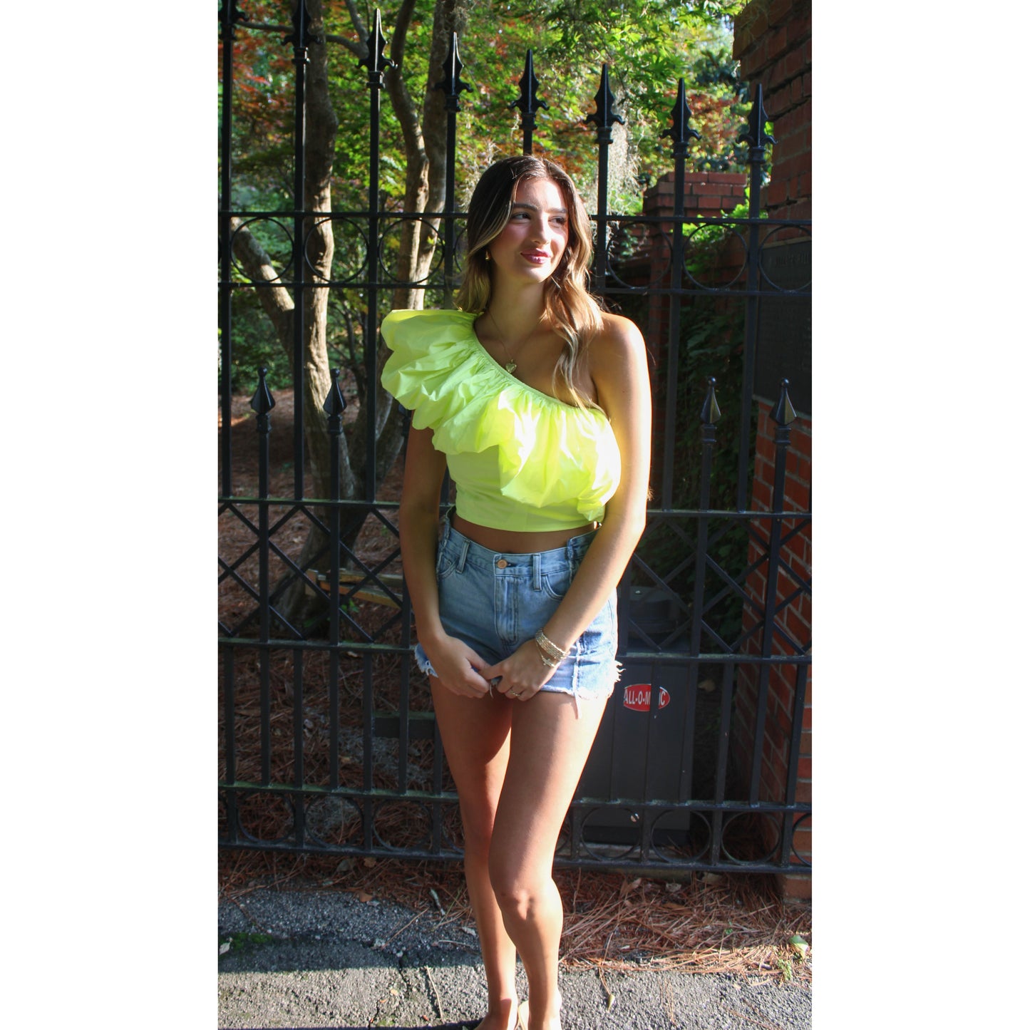 Penny Ruffle Crop Top, Neon Yellow