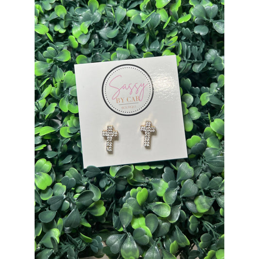 Noelle Cross Stud Earrings, Gold/Crystal