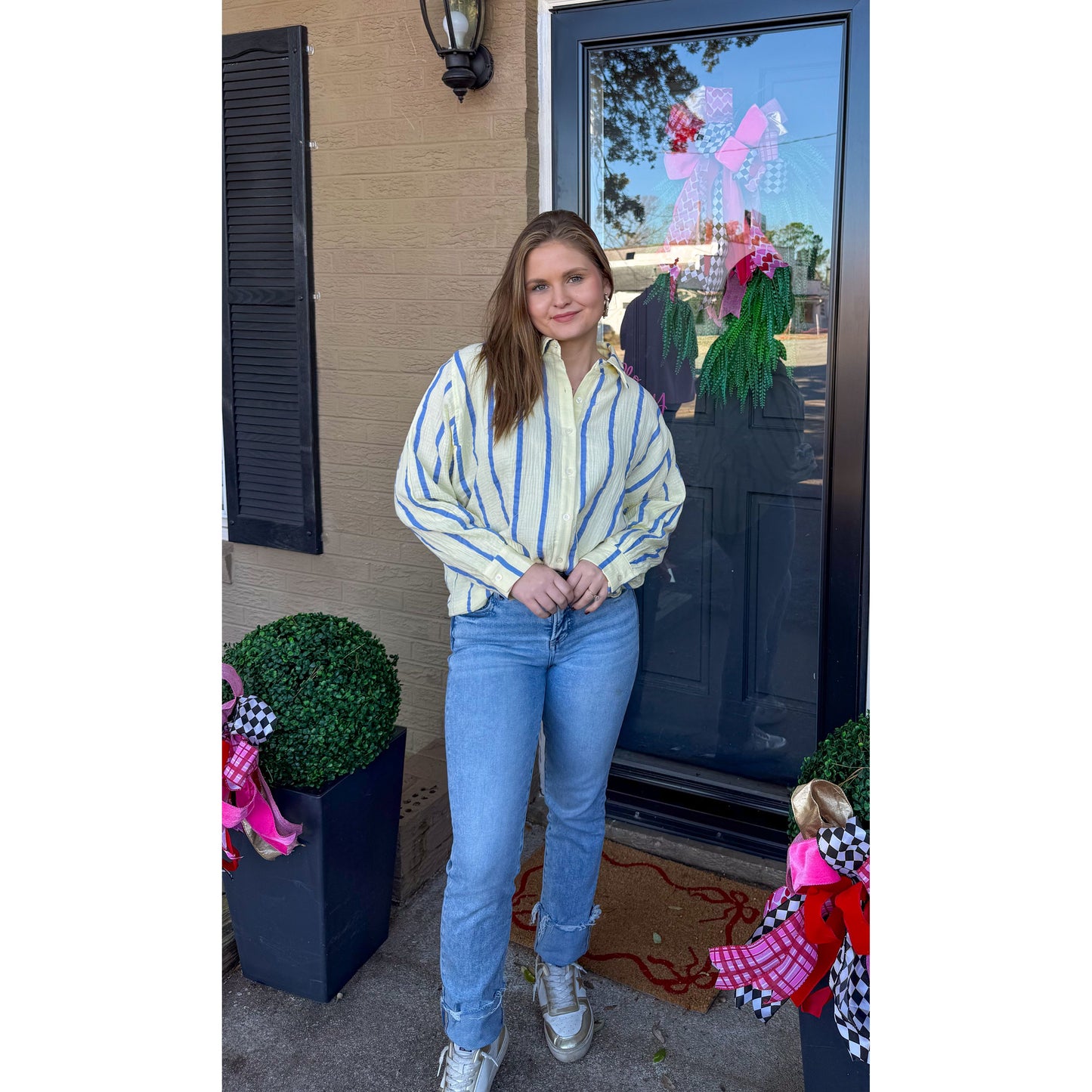 Anne Stripe Button Down Top, Butter Yellow/Blue