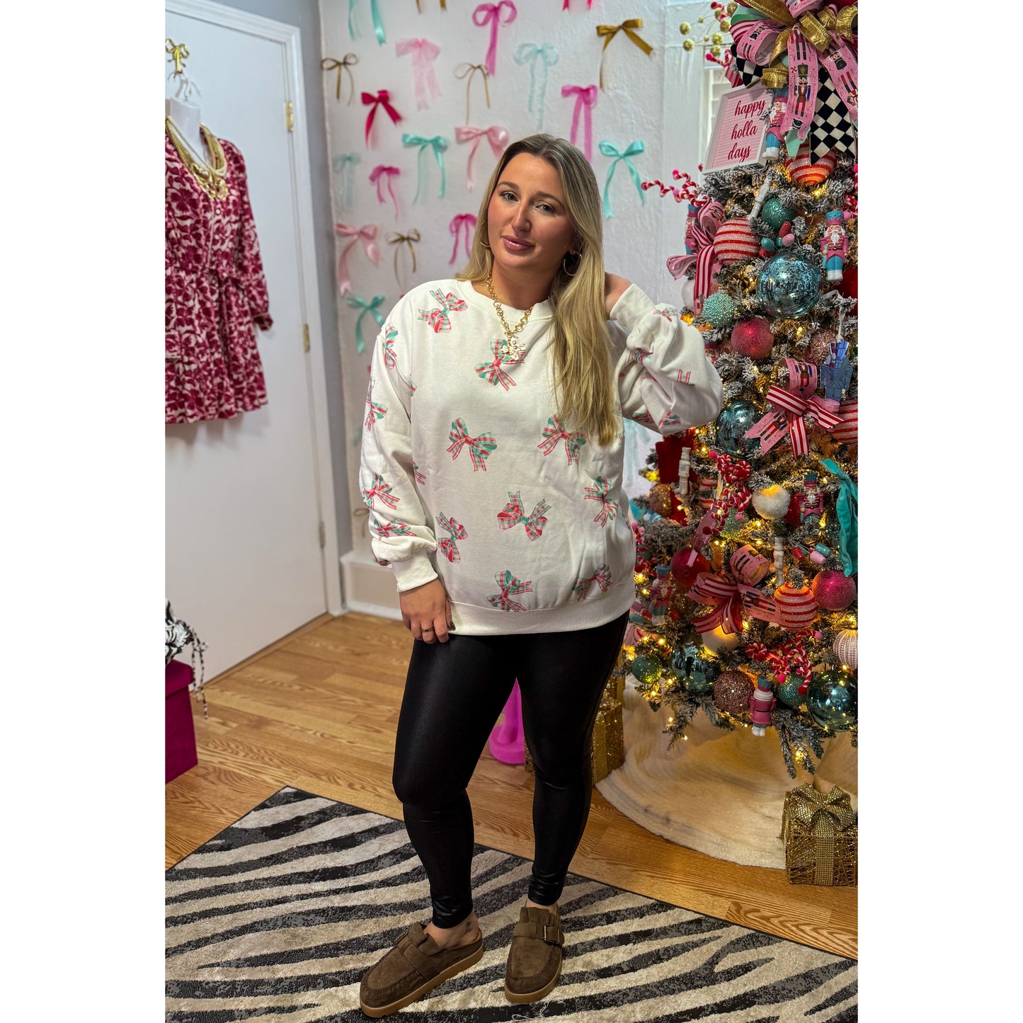 Plaid Bow Pullover, Red/Green/Grey