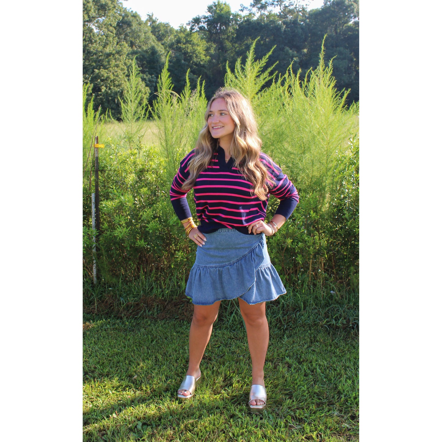 Khloe Stripe Top, Navy/Pink