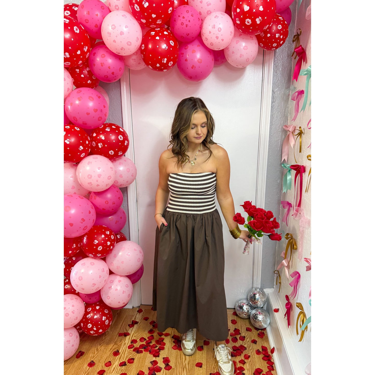 Stripe Detail Midi Dress, Chocolate/Ivory