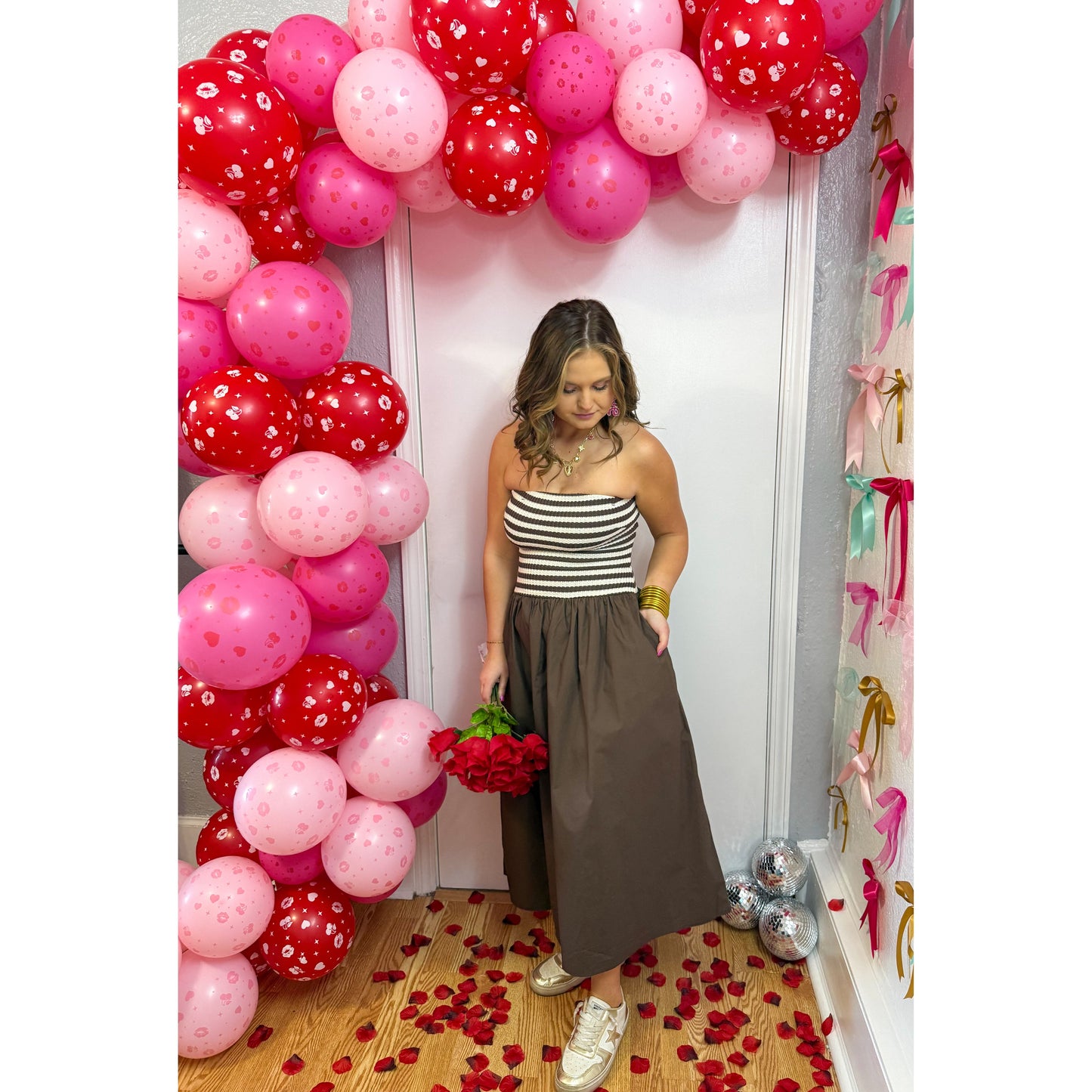 Stripe Detail Midi Dress, Chocolate/Ivory