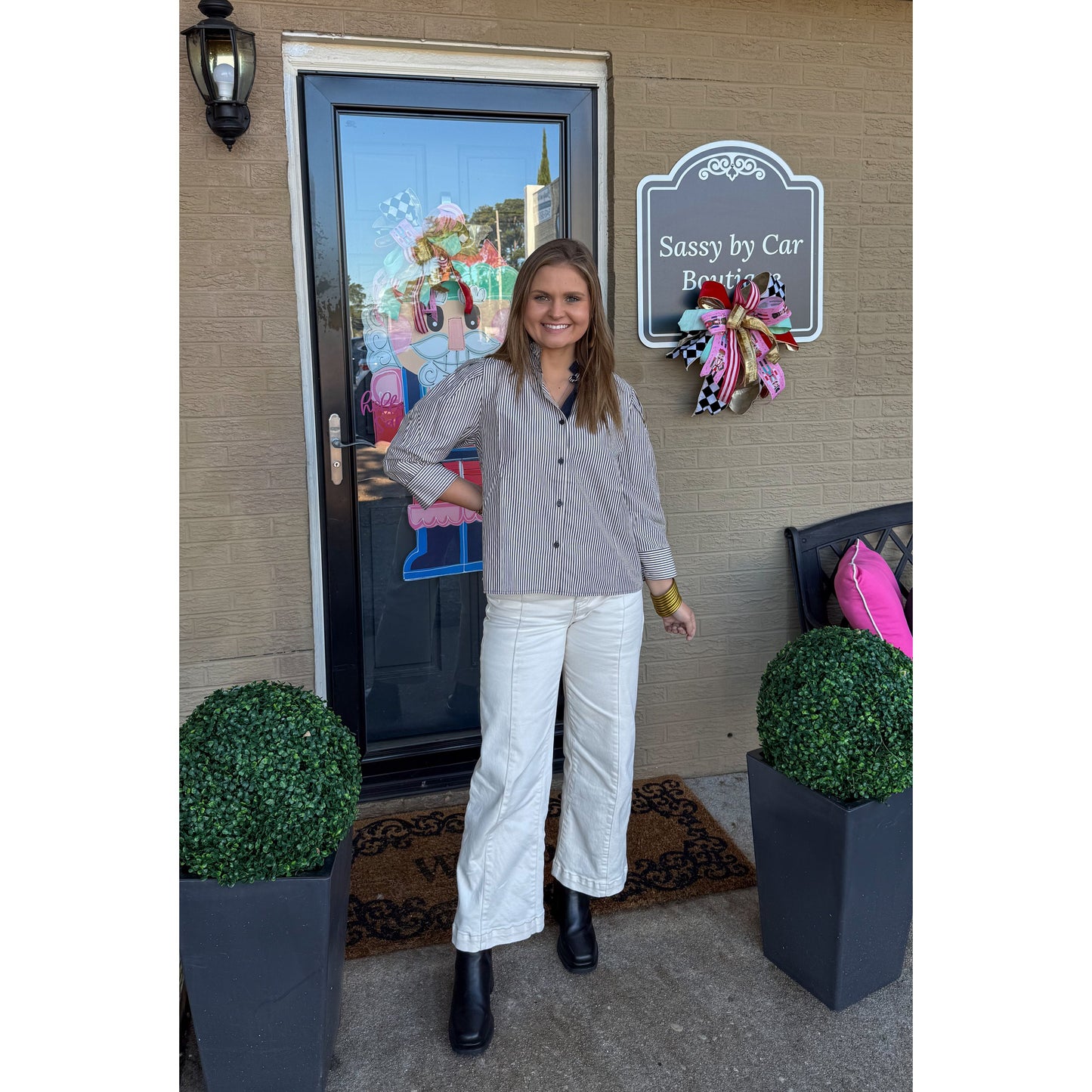 Tatum Stripe Blouse, Navy/Cream