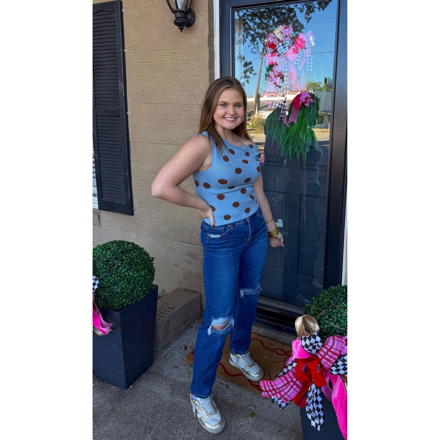 Polka Dot Asymmetrical Detail Top, Blue/Brown