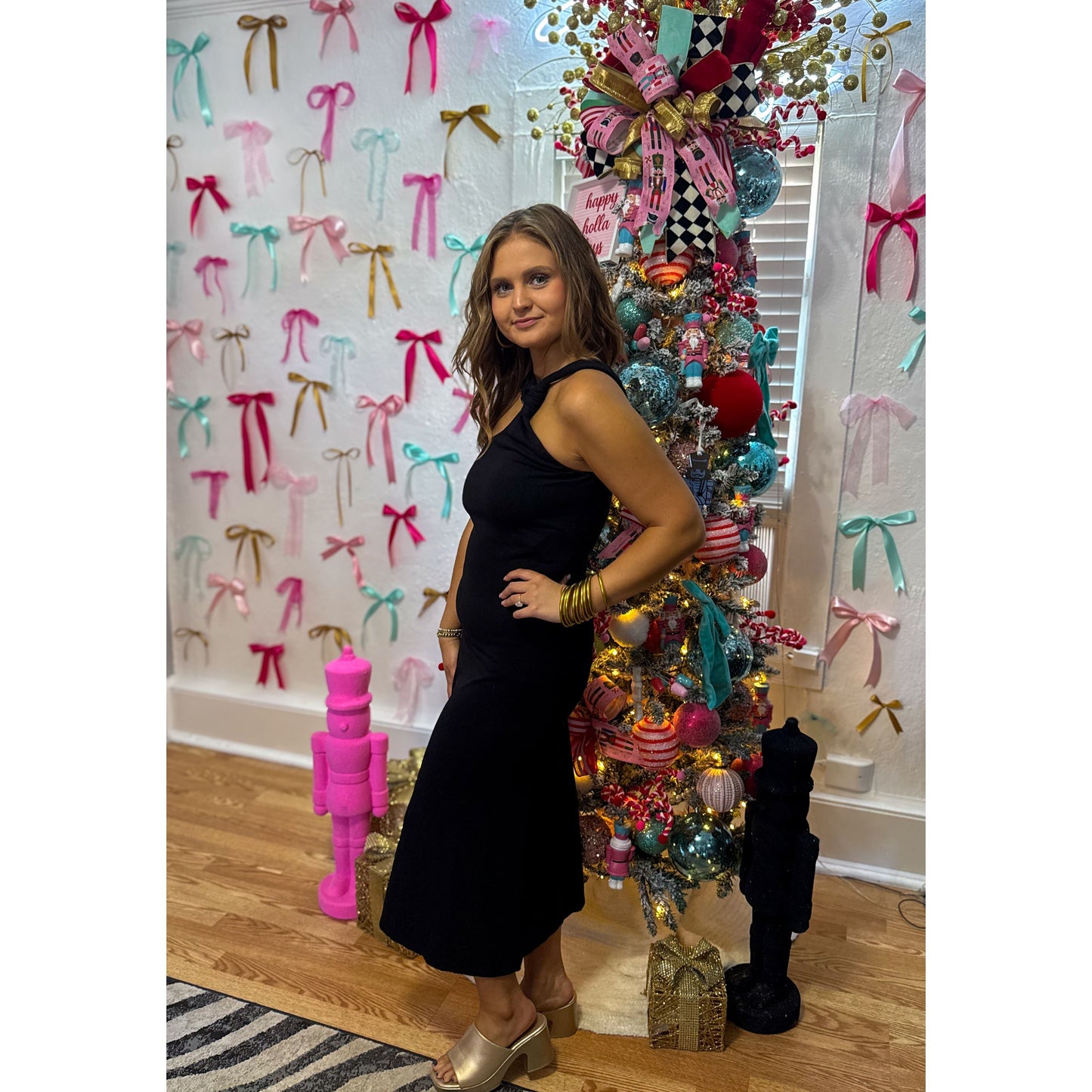 One Shoulder Black Midi Dress