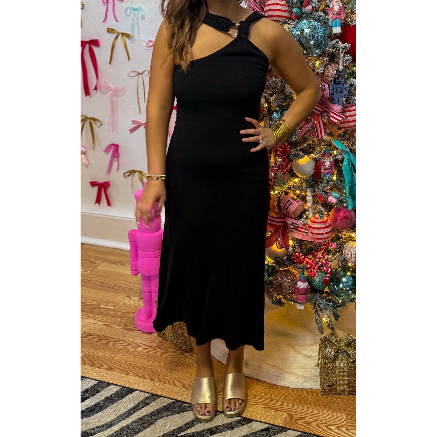 One Shoulder Black Midi Dress
