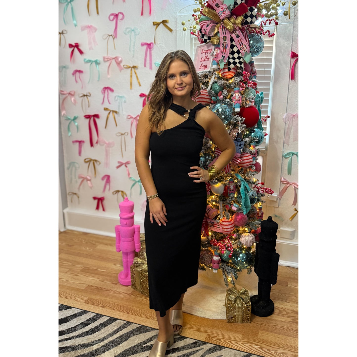 One Shoulder Black Midi Dress