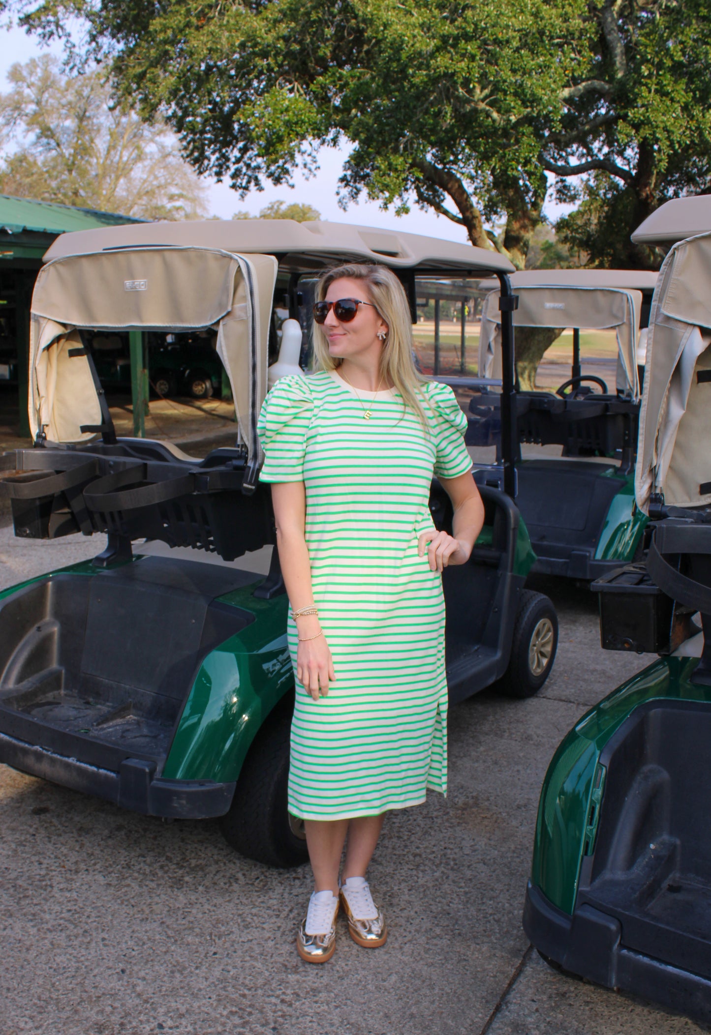 Put it on the Green Stripe Midi Dress, Kelly Green/Cream