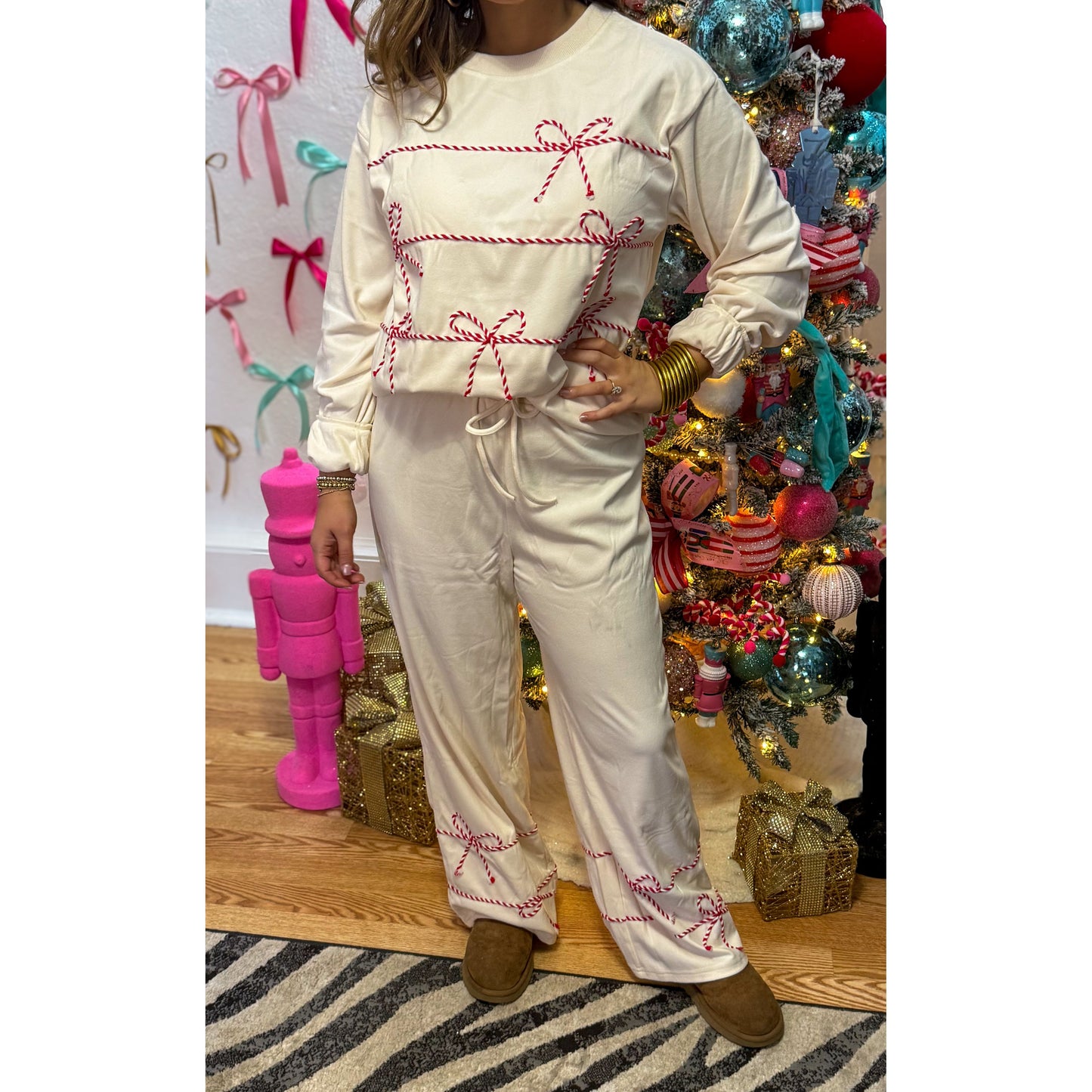 Candy Cane Detail Lounge Set, Red/Ivory