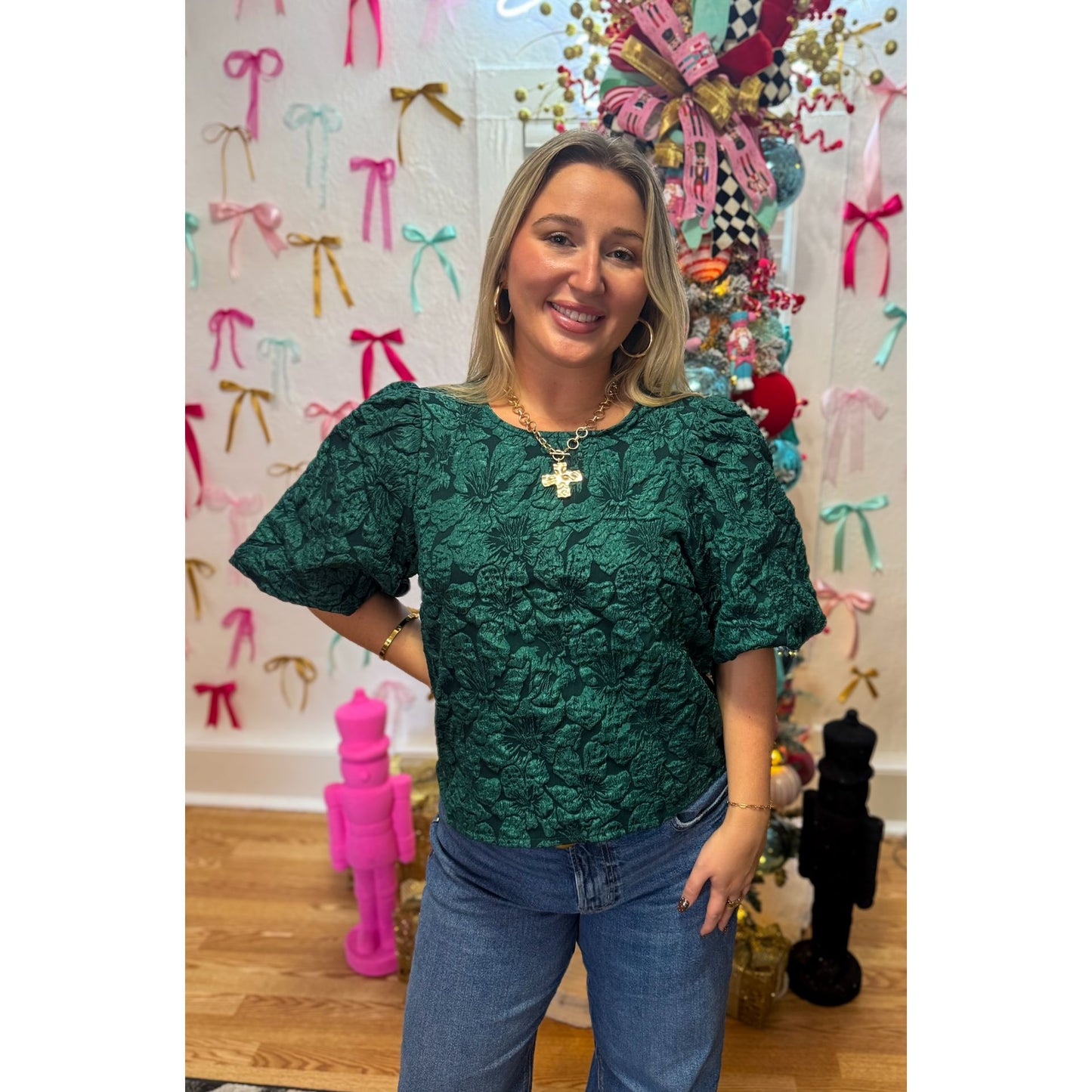 Hunter Green Floral Detail Blouse