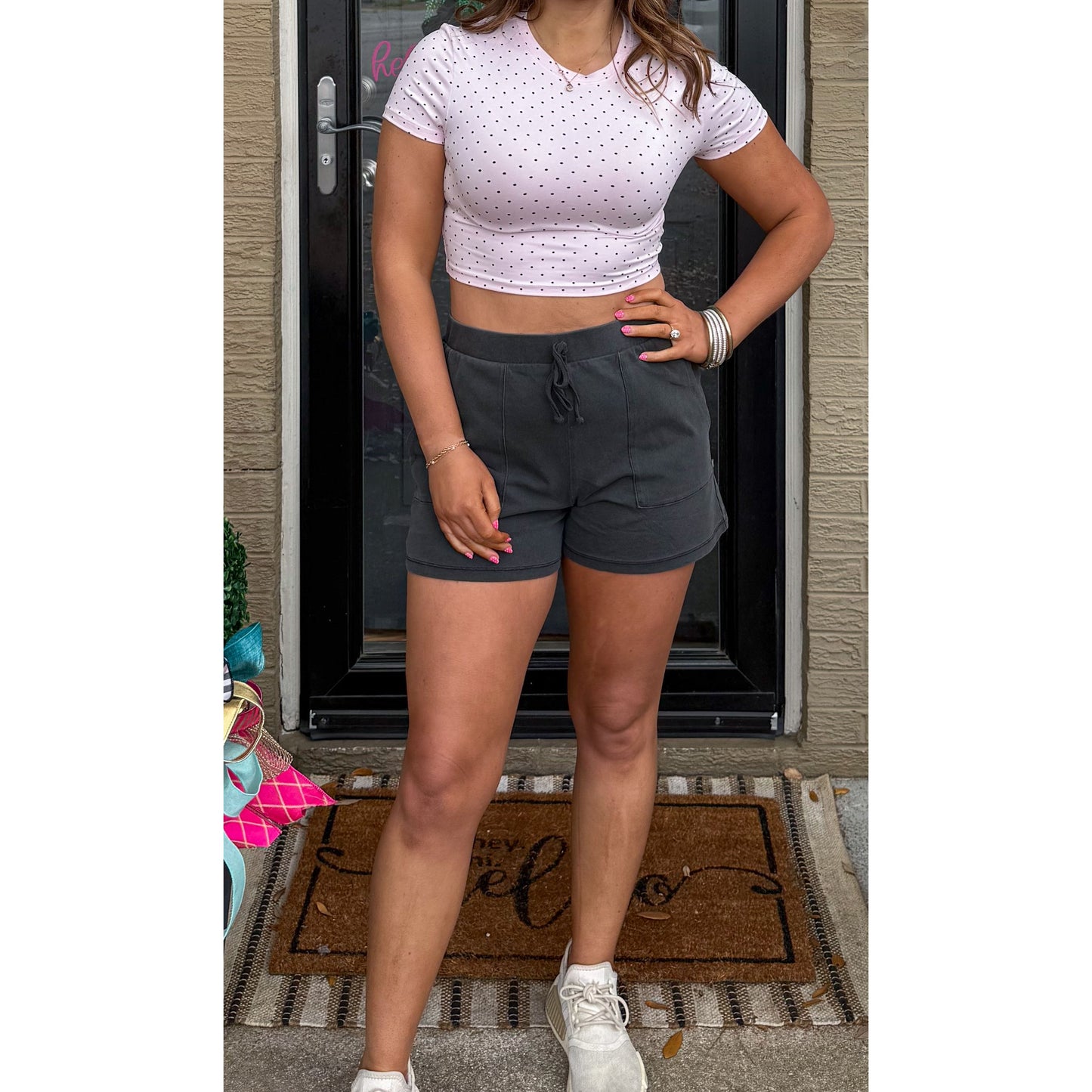 Polka Dot Detail Crop Top, Pink/Black