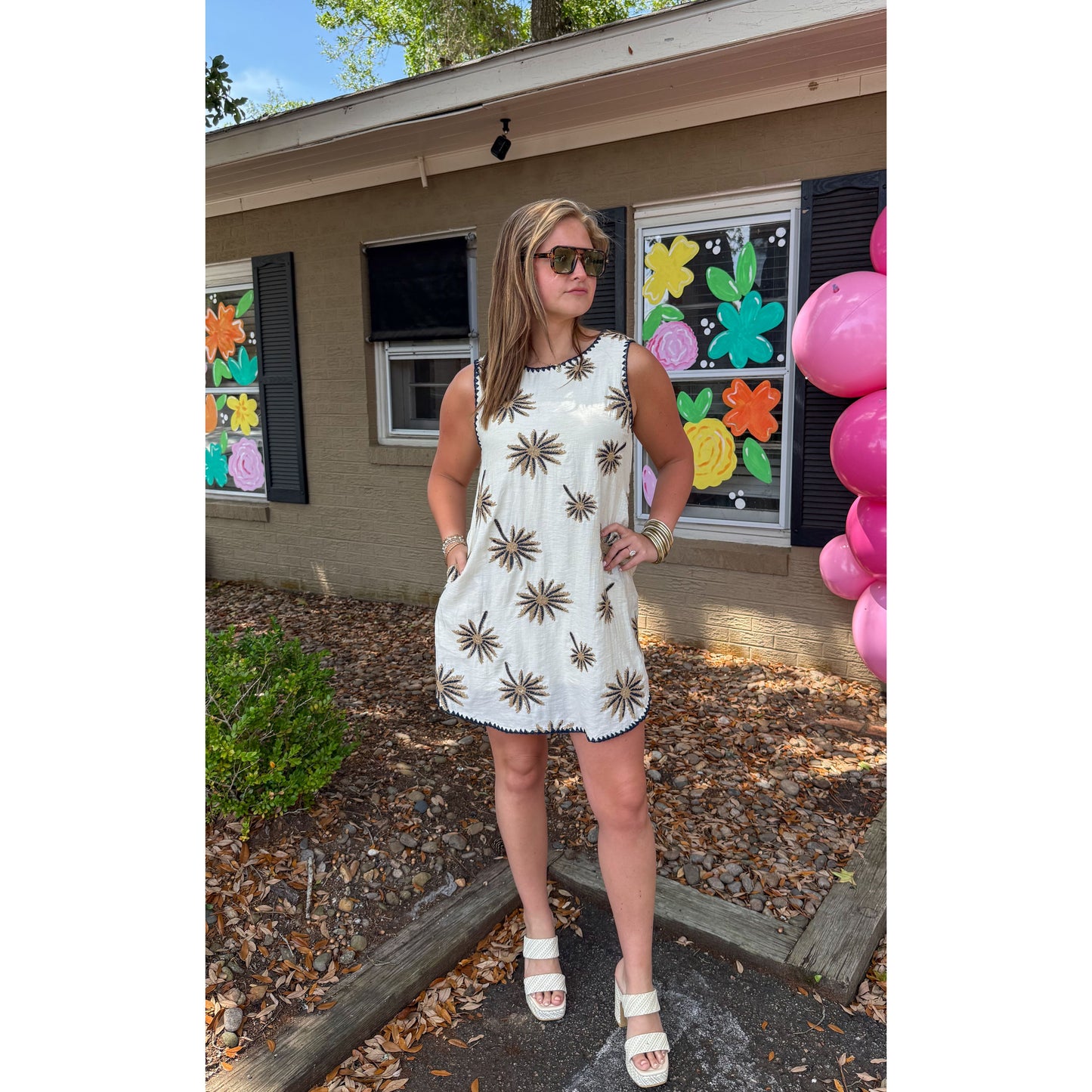 Stevie Detail Mini Dress, Cream Multi