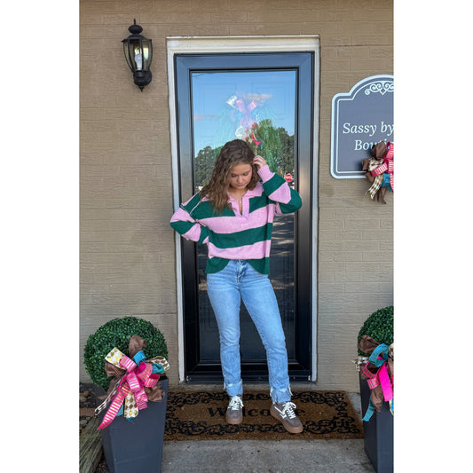 Hunter Stripe Sweater, Pink/Kelly Green