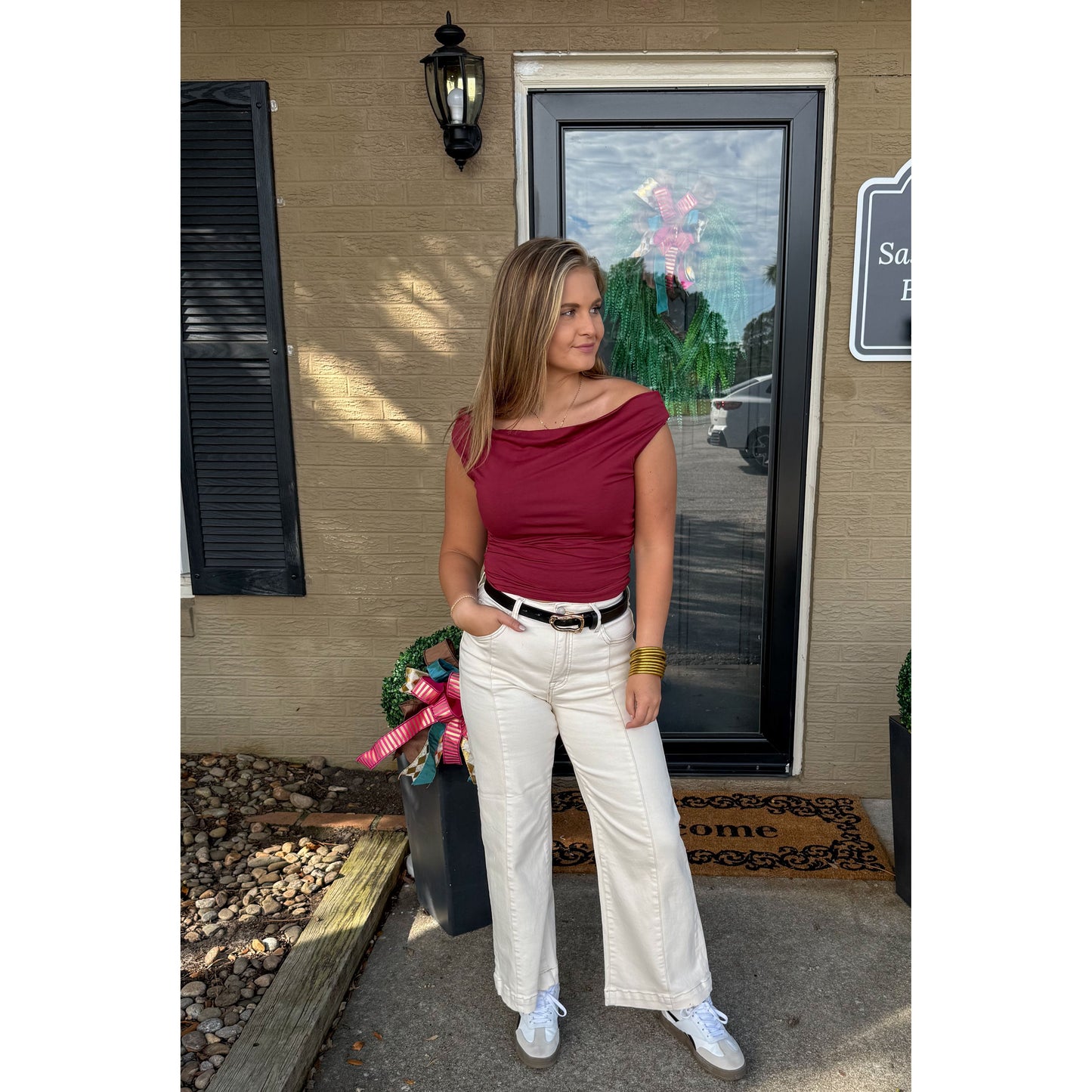 Asymmetrical Neckline Top, Burgundy