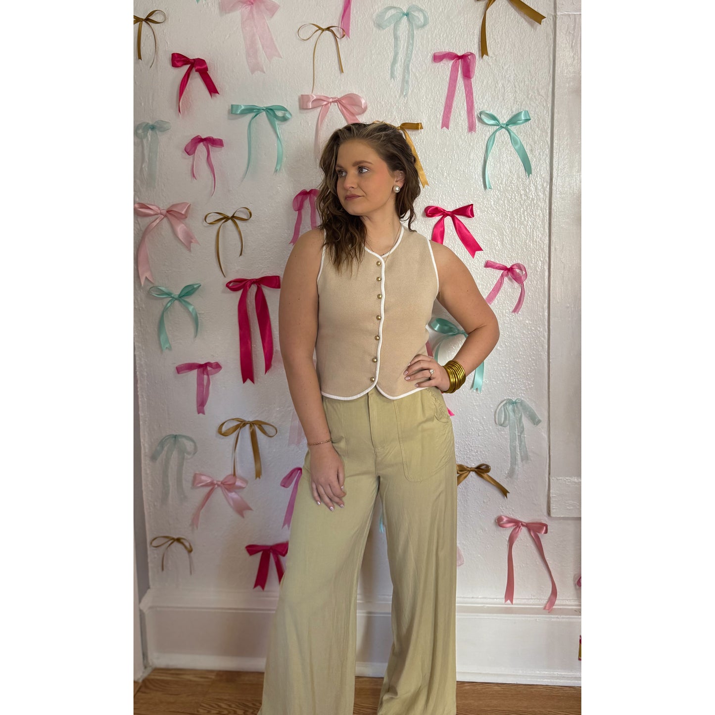 Caroline Button Vest, Taupe/White
