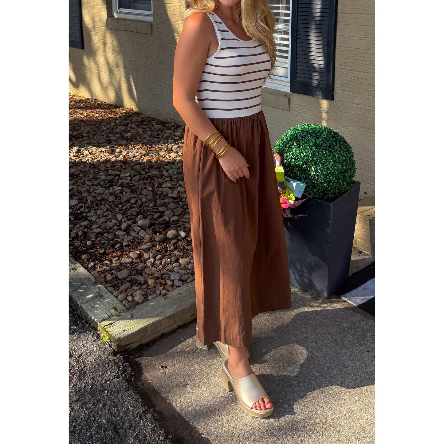 Brielle Detail Midi Dress, Brown/Ivory