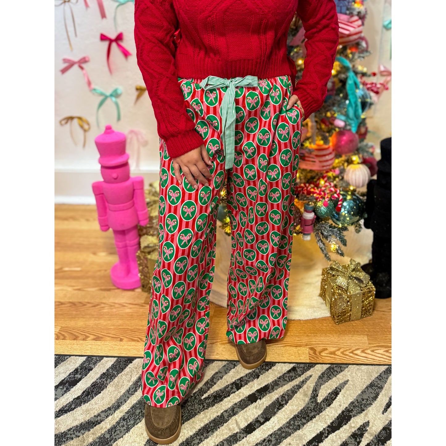 Candy Cane Bow PJ Pants