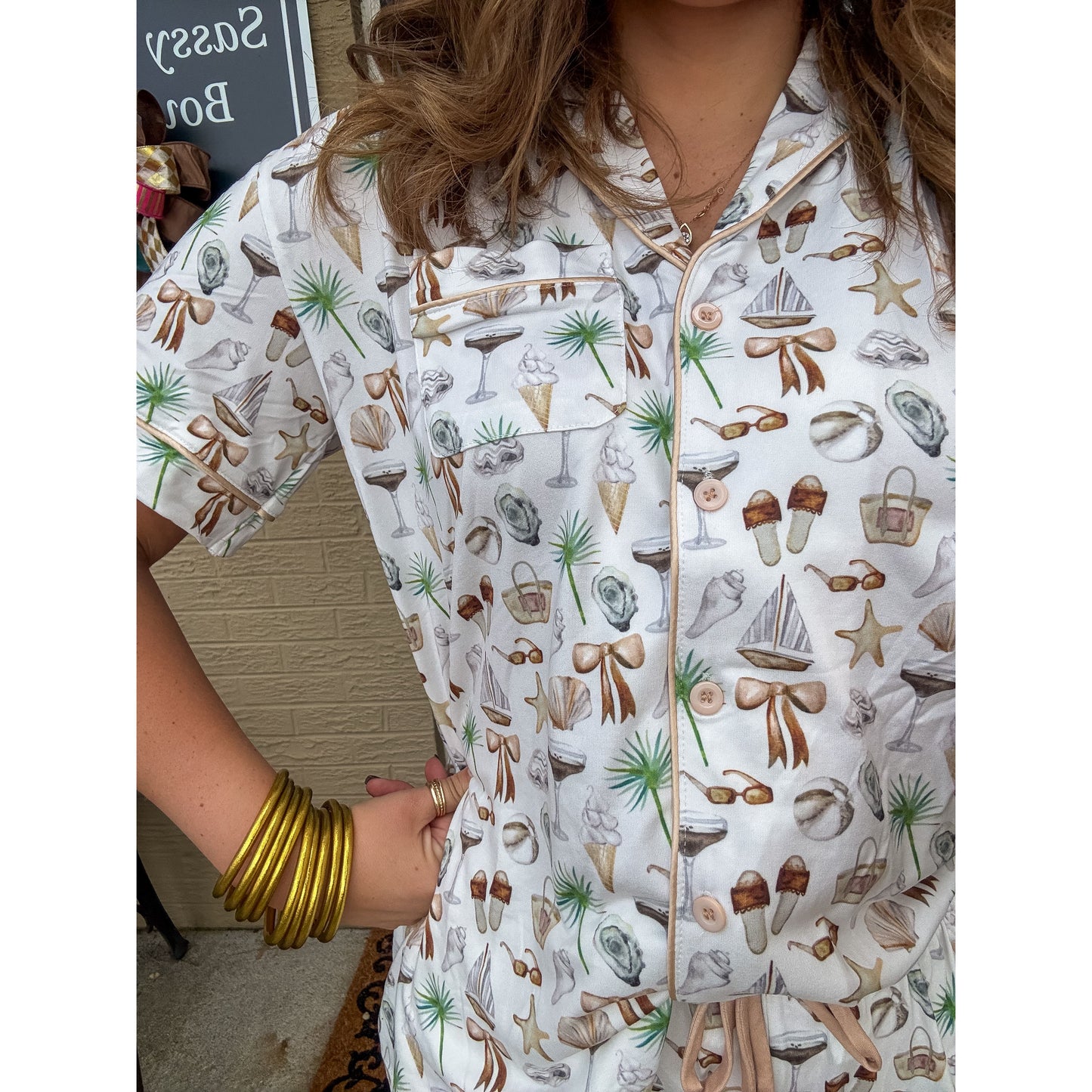 Neutral Coastal Cocktail - Short Sleeve + Pant Pajama Set