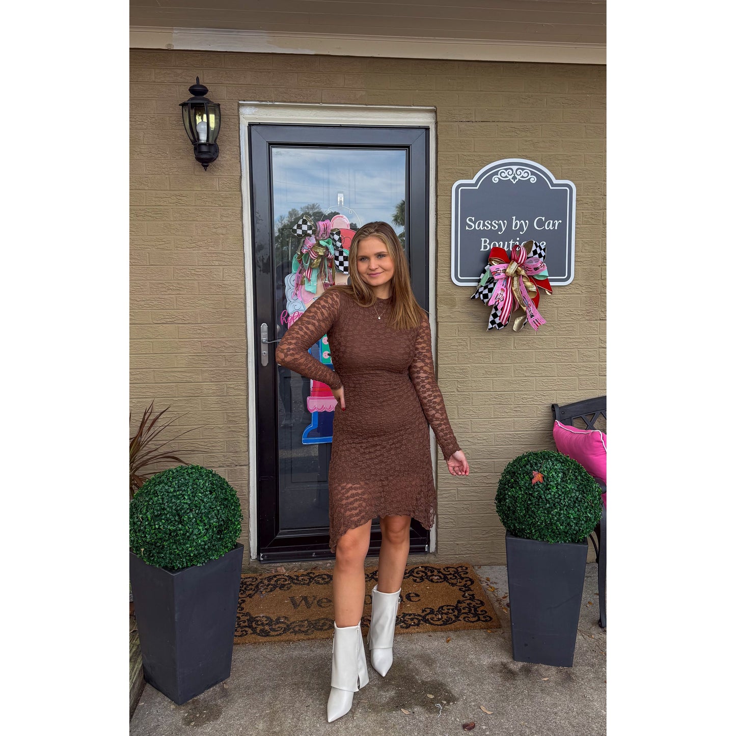 Stella Mesh Detail Mini Dress, Chocolate Brown